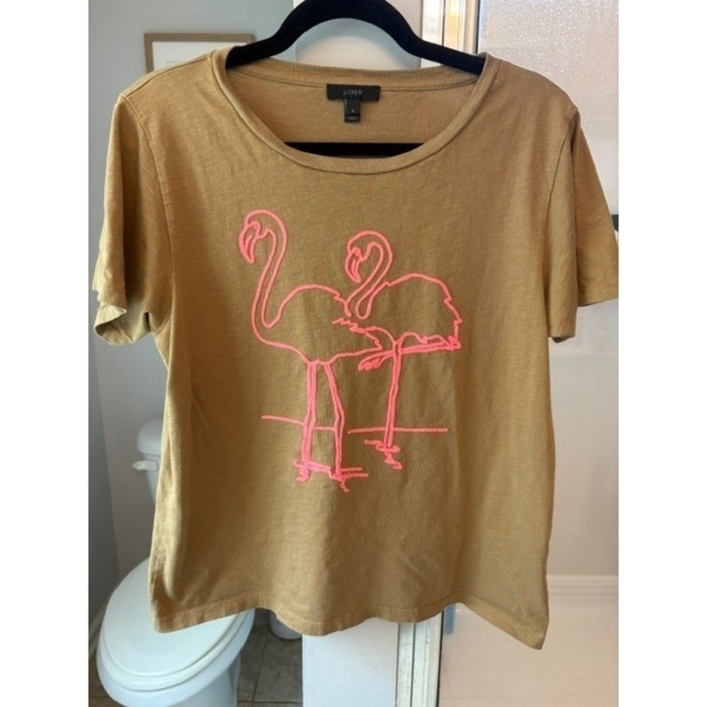 J.Crew Women's Large Flamingo Embroidered T-Shirt Mustard Tan Pink Cotton